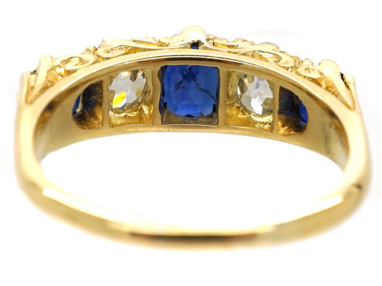 Edwardian 18ct Gold , Burma Sapphire & Diamond Five Stone Carved Half Hoop Ring