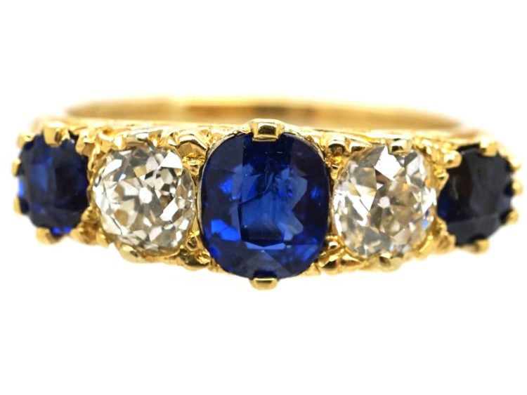 Edwardian 18ct Gold , Burma Sapphire & Diamond Five Stone Carved Half Hoop Ring