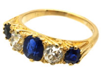 Edwardian 18ct Gold , Burma Sapphire & Diamond Five Stone Carved Half Hoop Ring