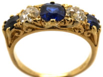 Edwardian 18ct Gold , Burma Sapphire & Diamond Five Stone Carved Half Hoop Ring