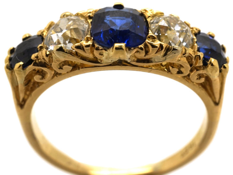Edwardian 18ct Gold , Burma Sapphire & Diamond Five Stone Carved Half Hoop Ring