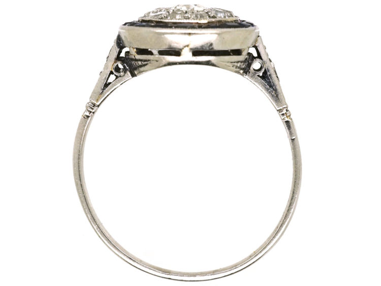 Art Deco Platinum Target Ring Set With Diamonds & Sapphires