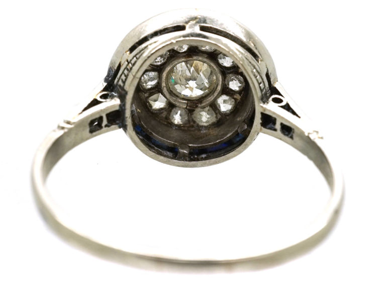 Art Deco Platinum Target Ring Set With Diamonds & Sapphires