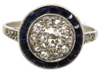 Art Deco Platinum Target Ring Set With Diamonds & Sapphires
