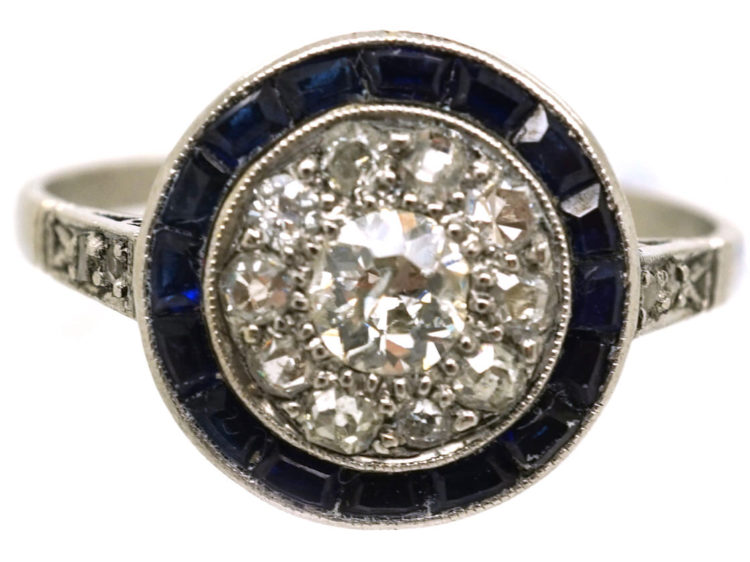 Art Deco Platinum Target Ring Set With Diamonds & Sapphires