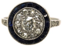 Art Deco Platinum Target Ring Set With Diamonds & Sapphires