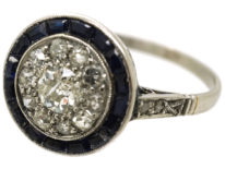 Art Deco Platinum Target Ring Set With Diamonds & Sapphires