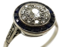 Art Deco Platinum Target Ring Set With Diamonds & Sapphires