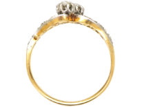 French 18ct Gold Two Stone Diamond Twist Ring With Rose Diamond Shoulders