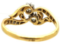 French 18ct Gold Two Stone Diamond Twist Ring With Rose Diamond Shoulders