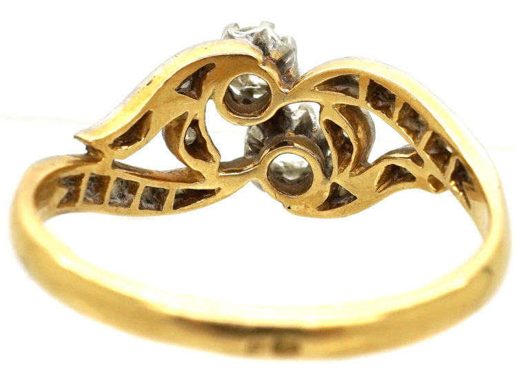 French 18ct Gold Two Stone Diamond Twist Ring With Rose Diamond Shoulders