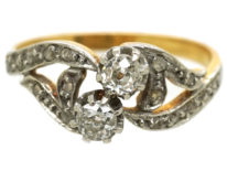 French 18ct Gold Two Stone Diamond Twist Ring With Rose Diamond Shoulders