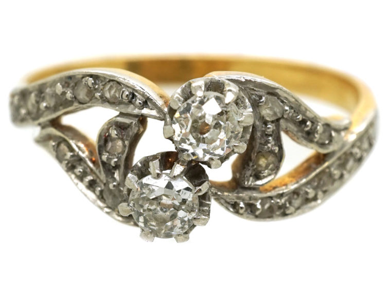 French 18ct Gold Two Stone Diamond Twist Ring With Rose Diamond Shoulders