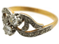 French 18ct Gold Two Stone Diamond Twist Ring With Rose Diamond Shoulders