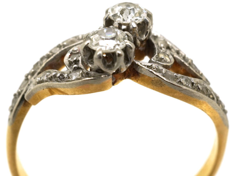 French 18ct Gold Two Stone Diamond Twist Ring With Rose Diamond Shoulders
