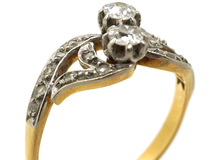 French 18ct Gold Two Stone Diamond Twist Ring With Rose Diamond Shoulders