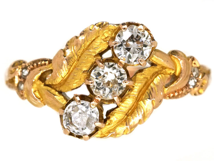 Art Nouveau 18ct Gold Leaves & Diamonds Ring