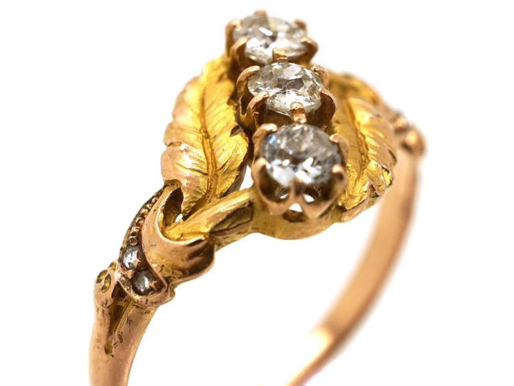 Art Nouveau 18ct Gold Leaves & Diamonds Ring