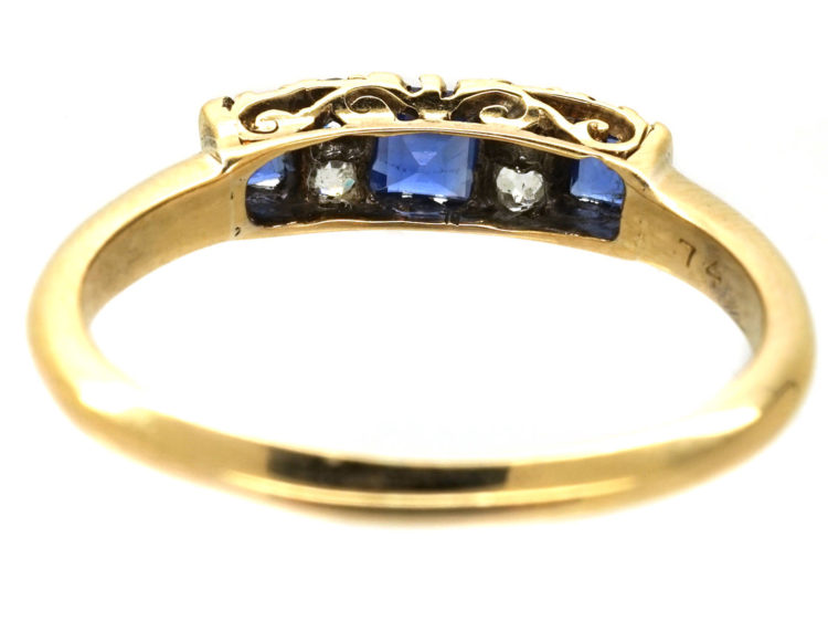 Edwardian 18ct Gold, Three Stone Sapphire & Diamond Ring