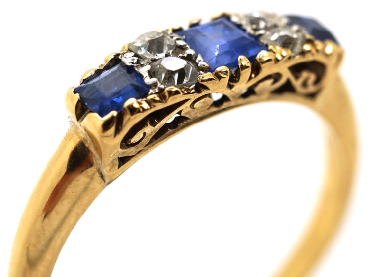 Edwardian 18ct Gold, Three Stone Sapphire & Diamond Ring