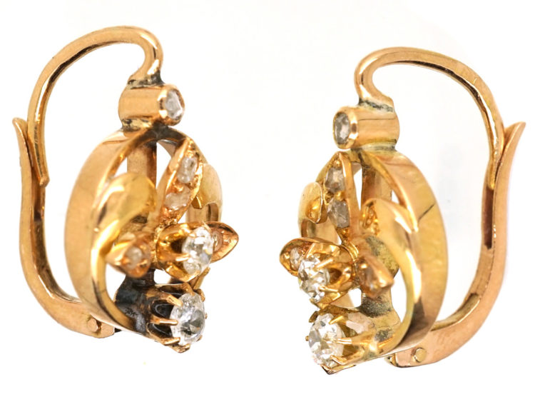 Edwardian 18ct Gold & Diamond Three Petal Flower Earrings