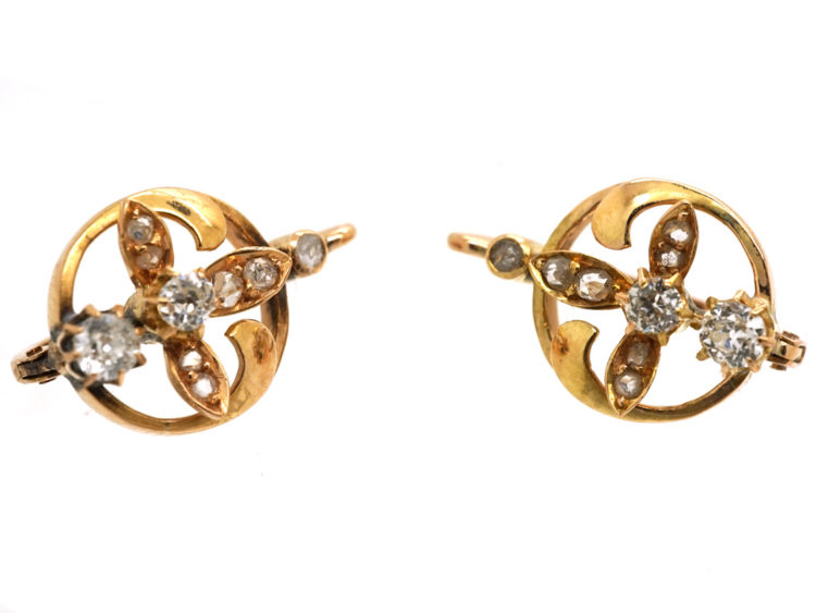 Edwardian 18ct Gold & Diamond Three Petal Flower Earrings