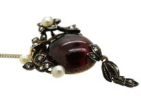 Victorian Cabochon Garnet, Natural Pearl & Rose Diamond Pendant on Chain