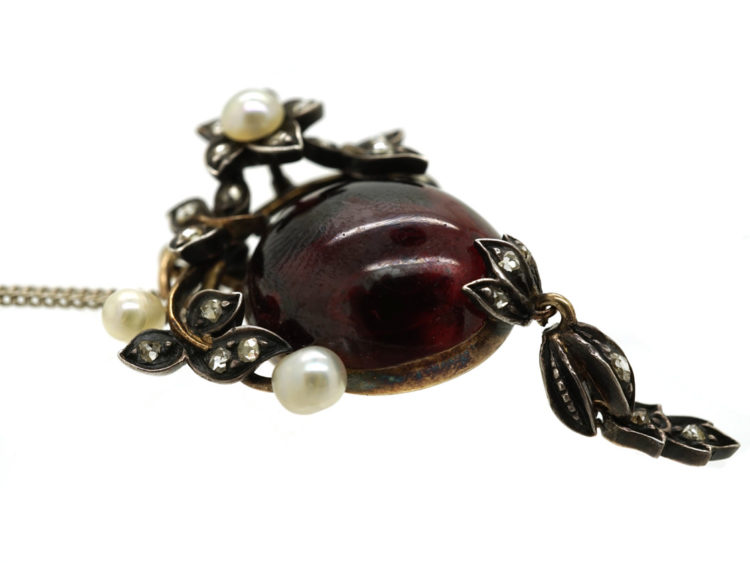 Victorian Cabochon Garnet, Natural Pearl & Rose Diamond Pendant on Chain