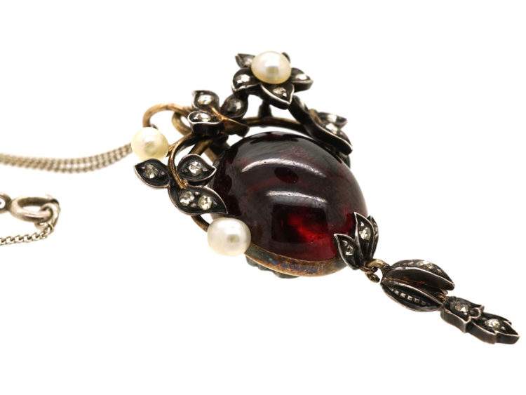 Victorian Cabochon Garnet, Natural Pearl & Rose Diamond Pendant on Chain