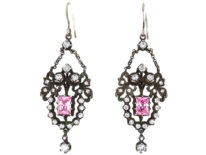 Edwardian Silver, Pink & White Paste Drop Earrings