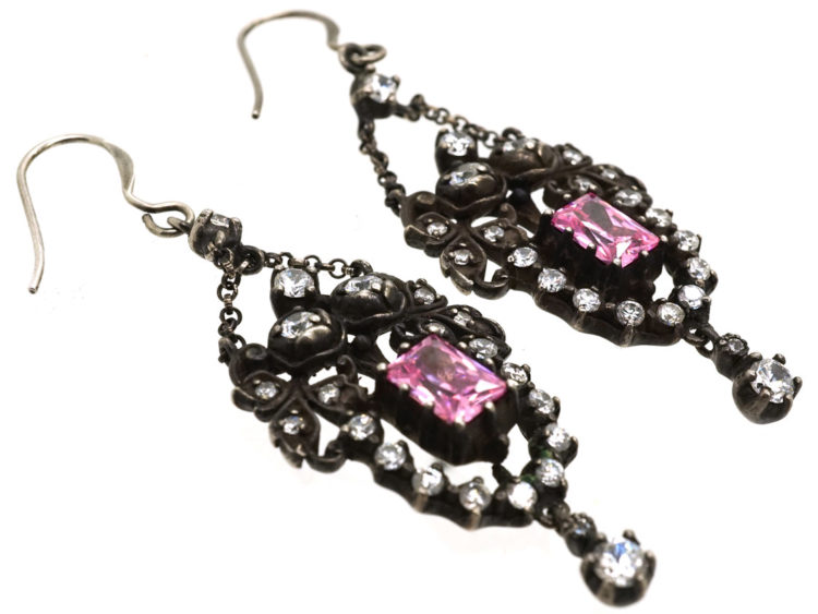 Edwardian Silver, Pink & White Paste Drop Earrings