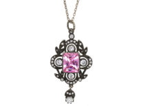 Edwardian Silver, Pink & White Paste Pendant on Silver Chain