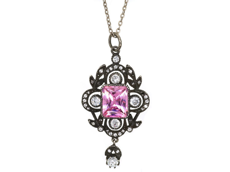 Edwardian Silver, Pink & White Paste Pendant on Silver Chain