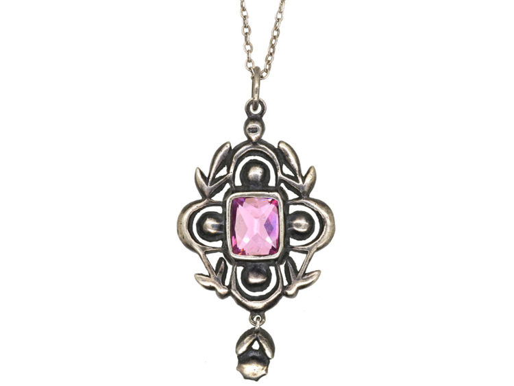 Edwardian Silver, Pink & White Paste Pendant on Silver Chain