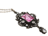 Edwardian Silver, Pink & White Paste Pendant on Silver Chain
