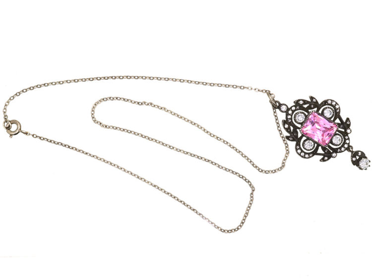 Edwardian Silver, Pink & White Paste Pendant on Silver Chain