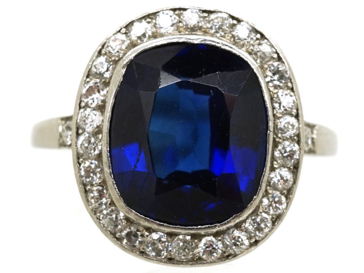 French Art Deco Synthetic Sapphire & Diamond Cluster Ring