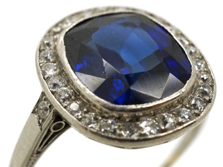 French Art Deco Synthetic Sapphire & Diamond Cluster Ring