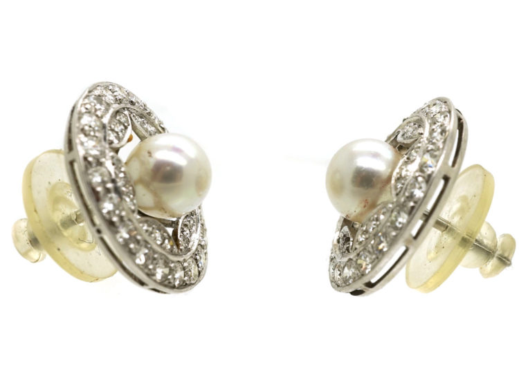 Edwardian Platinum, Pearl & Diamond Cluster Earrings