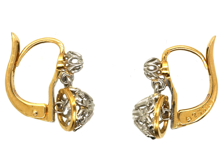 French 18ct Gold Two Stone Diamond Drop Earrings