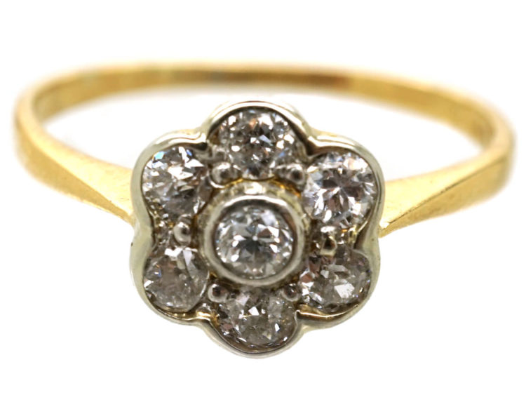Edwardian 18ct Gold, Platinum, Diamond Daisy Cluster Ring