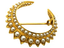 Victorian 15ct Gold & Natural Split Pearl Crescent Brooch in Original Case