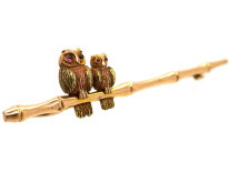 Edwardian Two Colour 15ct Gold Mother & Baby Owl on a Branch Brooch