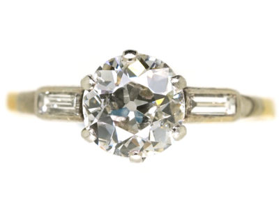 Art Deco 18ct Gold & Platinum, Diamond Solitaire Ring With Baguette Diamond Shoulders