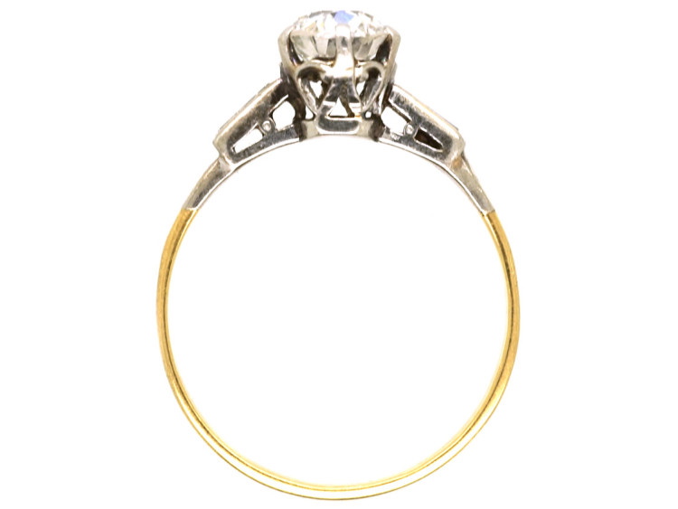 Art Deco 18ct Gold & Platinum, Diamond Solitaire Ring With Baguette Diamond Shoulders
