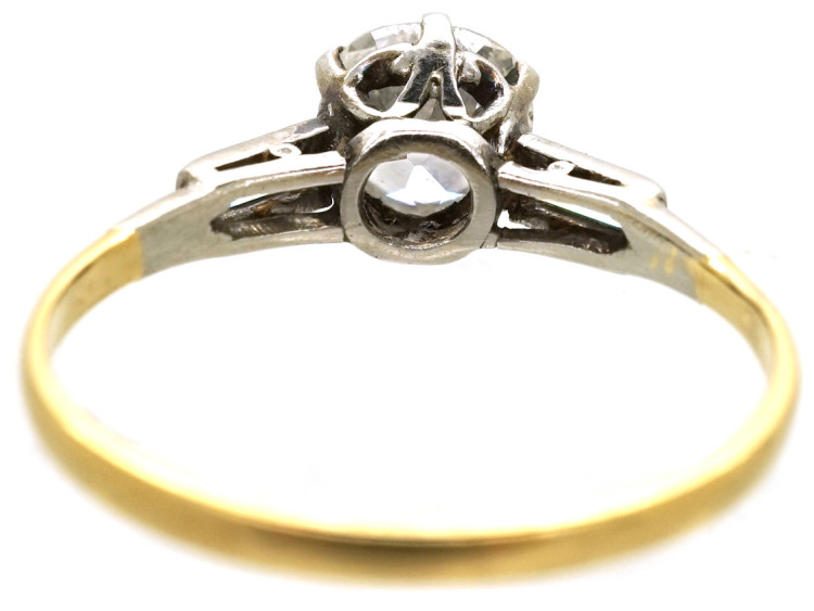 Art Deco 18ct Gold & Platinum, Diamond Solitaire Ring With Baguette Diamond Shoulders