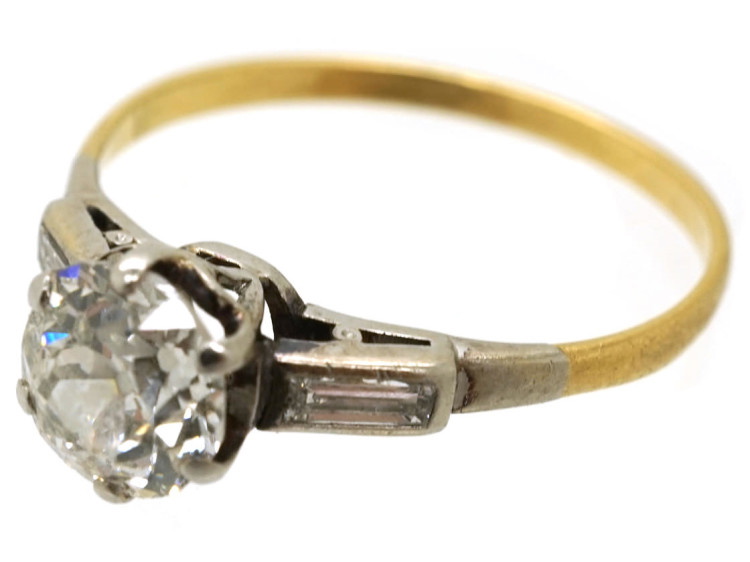 Art Deco 18ct Gold & Platinum, Diamond Solitaire Ring With Baguette Diamond Shoulders