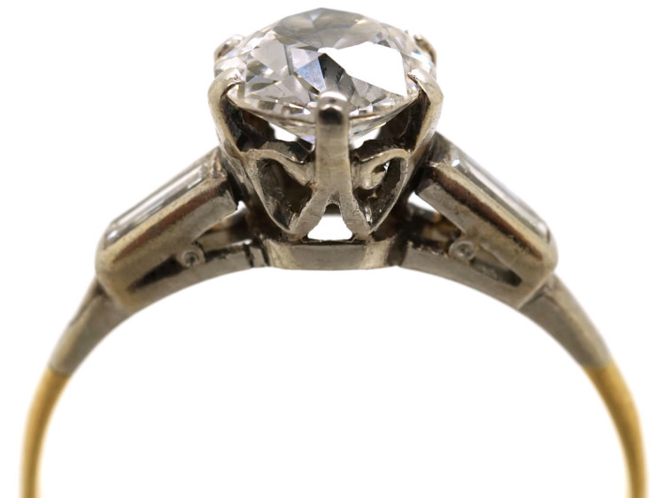 Art Deco 18ct Gold & Platinum, Diamond Solitaire Ring With Baguette Diamond Shoulders