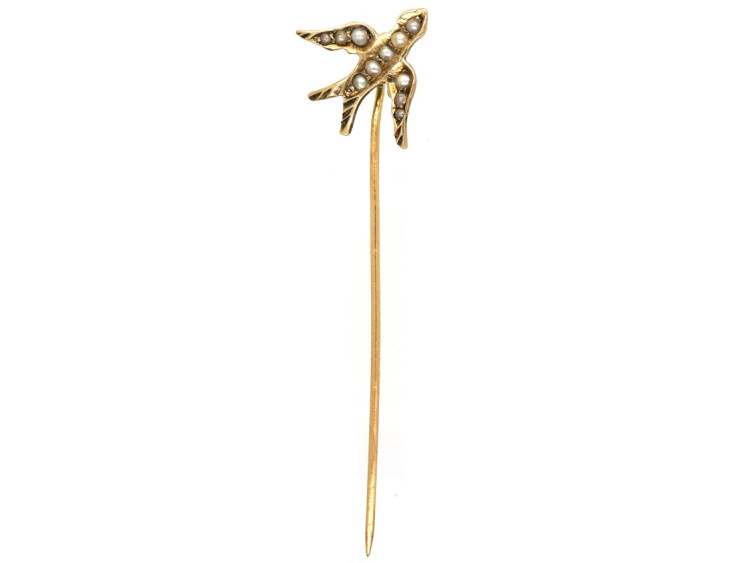 Edwardian 9ct Gold Swallow Tie Pin Set With Natural Split Pearls
