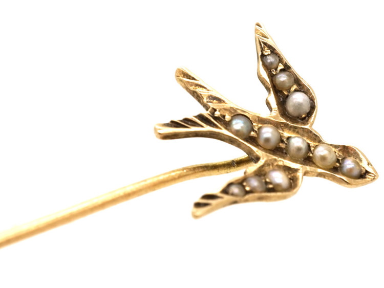 Edwardian 9ct Gold Swallow Tie Pin Set With Natural Split Pearls